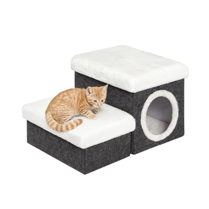 B FSOBEIIALEO Cat House Pet Stairs for Beds Sofa, Foldable Dog Steps 2-Tier With Storage Toy Box, Small Indoor Pet Steps Grey 15.7x12.6x12.6 Inches