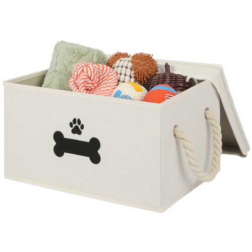 Dog Toy Basket with Lid, Dog Basket for Toys, Dogs Toy Box with Cotton Rope Handles, Collapsible Storage Bins for Pet Toys, Dogs Storage Organizer, Beige - color: Beige, size: Medium