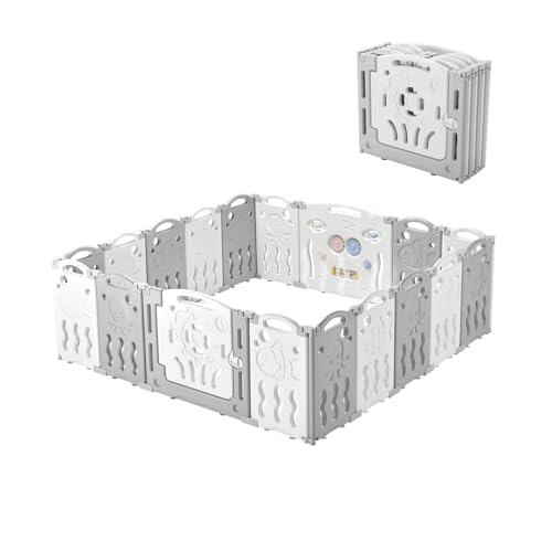 Albott Baby Fence Kid Playpen 18 Panel Albott Play Yard - Foldable Kids Safety Activity Center Playard Safety Lock Gate,Adjustable Shape, Portable Design for Indoor and Outdoor (18 Panel, Grey+White) - color: Grey, size: 18 Pieces