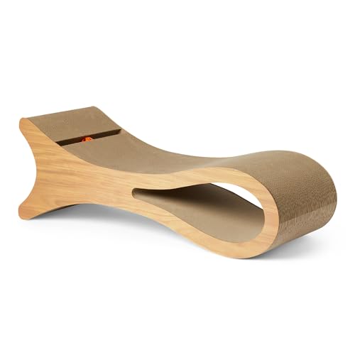 Amazon Basics Cat Scratcher Post Cat Scratcher Lounge Bed for Indoor Cats Bed Shaped Post Pad with Interactive Ball Toy & Catnip, FSC-Certified, 34.3 x 11.8 x 11.8 in, Wooden Color