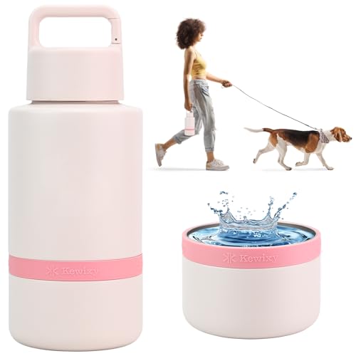 KEWIXY Insulated Dog Water Bottle with Travel Bowl, Dog Lover Gift, Portable Water Bottle Dispenser, Accessories for Car, Hiking, Camping, Outdoor, Leak-Proof, Detachable (Pale Pink) - color: Pale Pink
