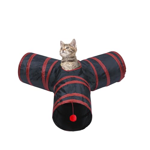 3 Way Cat Tunnel Collapsible Fun Pet Play Tube Toys for Cats, Kittens, Puppies & Rabbits - Portable Tunnel with Hanging Ball for Indoor Play, Hideout & Exercise - color: Red Black