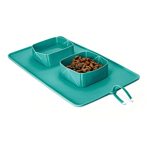 Collapsible Dog Bowl, Silicone Double Pet Cat Bowl Mat, Folding Puppy Food Water Bowls, Portable Dog Bowl for Home Travel Hiking,Blue