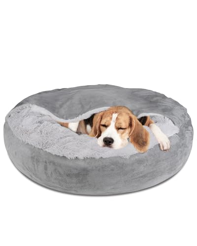 Pet Soft Small Dog Bed Cat Bed with Cover Cave - Round Calming Dog Beds Washable Cuddler Puppy Beds for Small, Medium Dogs and Cats (Grey, 30") - color: Grey, size: Large (30"x30"x8")