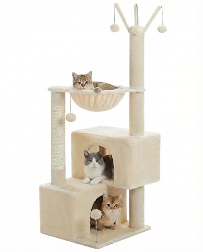 Cat Tree 45" for Indoor Cats, Compact Cat Tower with 2 Condos, Hammock Bed & 5 Hanging Ball Toys, Space-Saving Sturdy Cat Condo Furniture for Kittens & Small-Medium Cats - color: Beige, size: 45 inches