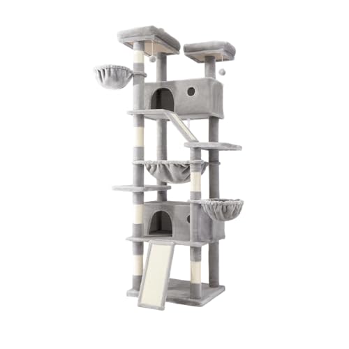 SHA CERLIN 81in Multi-Level Tall Cat Tree Tower for Indoor Kitties/Larger Cat Condo Furniture with Hammock/Cozy Pussycat Perches/Sisal Scratching Posts/Pet House/Wide Base/Grey - color: Grey