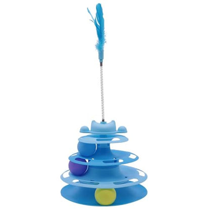 Cat Ball Track Toys, Creative Feather Toy, consisting of 3 Balls and a Feather Stick, Tower-Shaped cat Intelligence Toy, Suitable for Chasing Games with Kittens. (Blue) - color: Blue