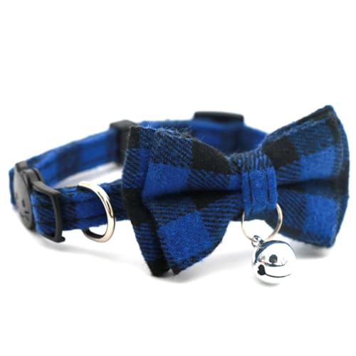 Blue Plaid Bow Dog Collar with Bell, Breakaway Cat Bell Collar with Bowtie Christmas Puppy Collars Boy for XXS Xs Small Tiny Little Pet Dogs Male Kitten, for Hoilday Birthday Party - color: Blue Plaid