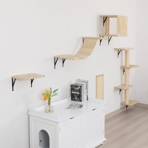 5 Pcs Wall-Mounted Cat Climber Set, Wood Indoor Cat Shelves with Perches, Ladder, Cat Condo House, Scratching Board and Cat Tree, Wall Shelves Furniture (Beige) - color: Beige