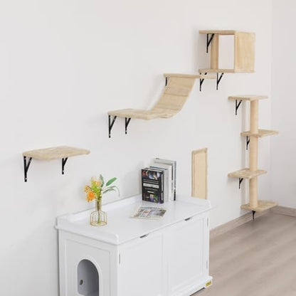 5 Pcs Wall-Mounted Cat Climber Set, Wood Indoor Cat Shelves with Perches, Ladder, Cat Condo House, Scratching Board and Cat Tree, Wall Shelves Furniture (Beige) - color: Beige