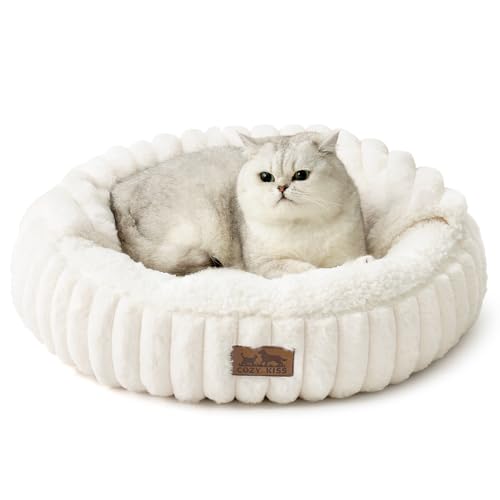 Cat Bed with Hooded Blanket, Round Fluffy Anti-Anxiety Pet Bed for Cats/Small Dogs, Cozy Donut Cuddler with Machine Washable Faux Fur & Anti-Slip Bottom(23"×23"×6",Cream) - color: Cream, size: 23"×23"×6"