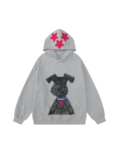 Aelfric Eden Dog Graphic Hoodie Oversized Cute Star Sweatshirt Unisex Y2k Casual Hooded Pullover - color: Grey, size: Large