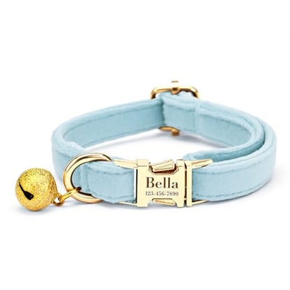 Custom Cat Collar with Bells Personalized Small Cat Collar Engraved Name & Phone Number with Secure Metal Quick-Release Buckle Adjustable (Light Blue) - color: Light Blue