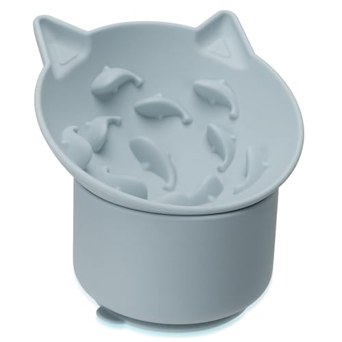 Silicone Cat Slow Feeder, Elevated Slow Feeder Bowl Tilt Design, Suitable for Dry and Wet Food, Adjustable Angle, Cat Food Puzzle with Suction Cup(Gray) - color: Gray