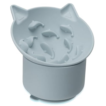 Silicone Cat Slow Feeder, Elevated Slow Feeder Bowl Tilt Design, Suitable for Dry and Wet Food, Adjustable Angle, Cat Food Puzzle with Suction Cup(Gray) - color: Gray