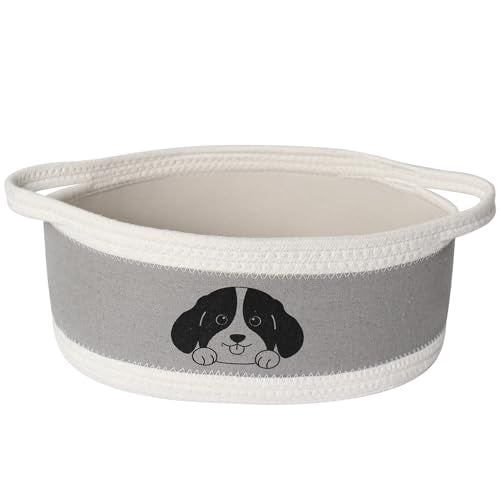 Small Dog Toy Basket, Cotton Rope and EVA Puppy Toy Bin with Cute Dog Print, Pet Toy Storage Box for Living Room Nursery, Decorative Woven Storage Pet Gift Basket Empty, 13”x9”x5”