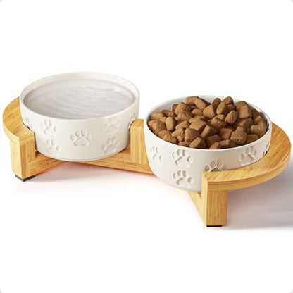 Ceramic Dog Bowls with Stand - Small Dog Bowl Set with Stand Non-Slip - 2 Ceramic Dishes with Anti-Skid Bamboo Stand for Small Dogs - Elevated Dog Bowls Set of 2 - Raised Pet Feeding Station - color: White with Stand, size: Small