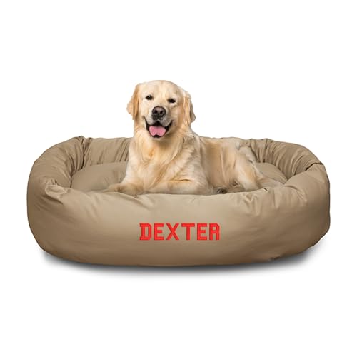 Majestic Pet Personalized 40 Inch Bagel Calming Dog Bed Washable – Cozy Soft Round Dog Bed with Spine Support for Dogs to Rest Their Head - Fluffy Donut Dog Bed 40x29x9 (Inch) - Large – Khaki - color: Khaki, size: Large