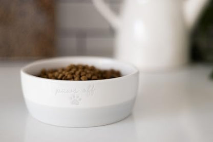 Pearhead Paws Off Ceramic Cat Bowl, Holds 1.3 Cups, Small Food and Water Bowl for Cats, Pet Dish, Microwave and Dishwasher Safe (Pack of 2) - color: Gray "Paws Off", size: Bowl Set