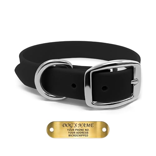 Regal Dog Products Medium Black Waterproof Dog Collars with Custom Engraved Name Plate | Vinyl Coated, Anti, Easy to Clean Personalized Biothane Dog Collar - Other Sizes for Small & Large Dogs - color: Black, size: Medium Collar