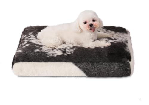 Bedfolks Waterproof Dog Crate Bed,Plush Dog Bed with Removable Washable Cover,Faux Fur Dog Crate Pad for Small Dogs and Cats,Fluffy Dog Kennel Bed 23"x18",Black-White Cowhide - color: Black-white cowhide, size: Small(23x18'')