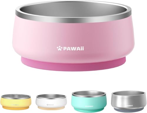 Pawaii Dog Bowl, 68 oz Double-Wall Stainless Steel Food and Water Bowl, Non-Slip Rubber Base, Dishwasher Safe, ID Tag Included, (1 Pack) - color: Sakura Pink, size: 68oz