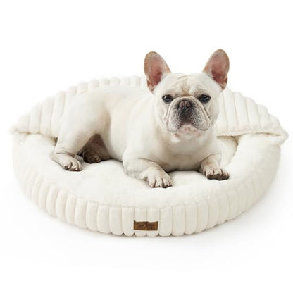Small Dog Bed with Hooded Blanket, Round Fluffy Anti-Anxiety Pet Bed for Small Dogs & Medium Dogs, Cozy Donut Cuddler with Machine Washable Faux Fur & Anti-Slip Bottom(26"×26"×7",Cream) - color: Cream, size: 26"×26"×7"