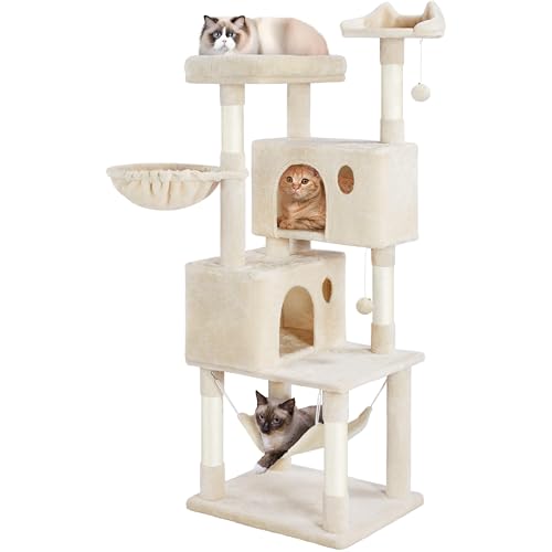 Yaheetech 64.5in Cat Tree Cat Tower Scratching Post, Plush Cover Cat Condo Bed Furniture with Hammock, Platform, Perch for Extra Large Cats as Playing House - color: Beige, size: 64.5in