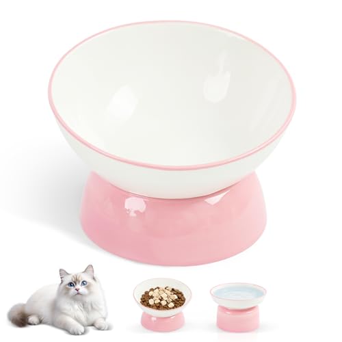 Cat Food Bowl, Ceramic Cat Bowls, Anti Whisker Fatigue Cats Bowl Set,Shallow Wide Kitten Plates for Food and Water (Pale Pink Xie) - color: Pale Pink Xie