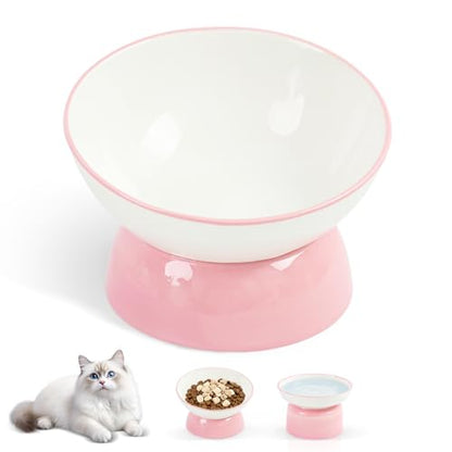 Cat Food Bowl, Ceramic Cat Bowls, Anti Whisker Fatigue Cats Bowl Set,Shallow Wide Kitten Plates for Food and Water (Pale Pink Xie) - color: Pale Pink Xie
