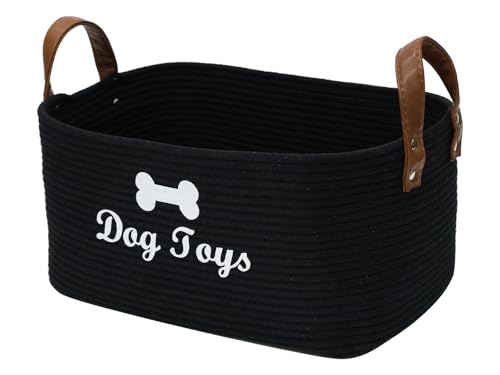 Geyecete X-Large Cotton Rope Dog Basket with Leather handle Blanket Storage Basket Decorative Clothes Hamper Basket | Extra Large Baskets for Blankets or Laundry-Black - color: Black(Long Handle)