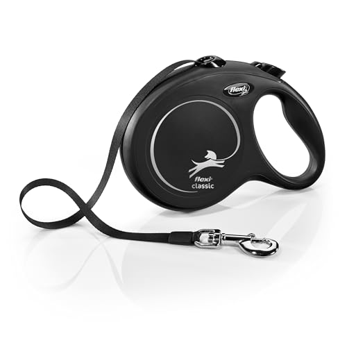 FLEXI New Classic Tape Retractable Dog Leash for Large Dogs Upto 110 lbs. – 26 ft., Black | Tangle Free Pet Walking Leash with One-Handed Brake, Pause, Lock|German Quality Product - color: Black, size: Large - 26 Feet (Tape)