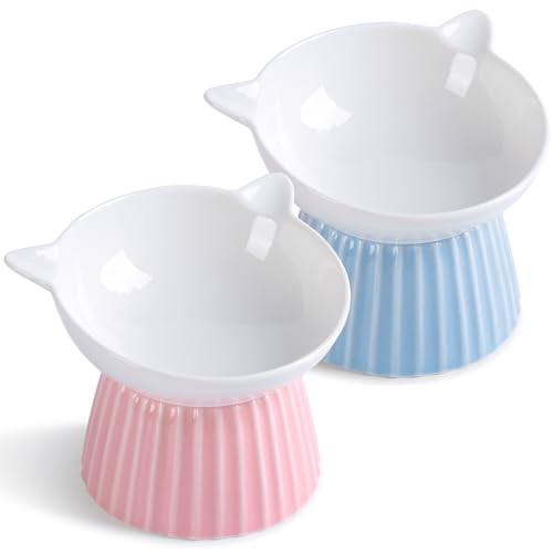 Ceramic Raised Cat Bowl，Tilted Raised Bowl Anti Vomit Bowls for Indoor Cats Whisker Friendly Pet Feeder for Cats Puppies, Microwave and Dishwasher Safe - color: Pink+Blue