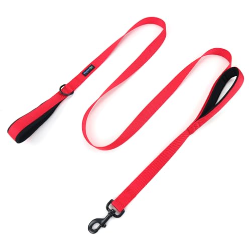 Wagtime Club Double Handle Dog Leash, 6ft Long Heavy Duty Dog Leash with Paded Traffic Handles for Extral Control and Training, Dual Handles Leads, Large Medium Small Dogs (Carnation Red) - color: Carnation Red