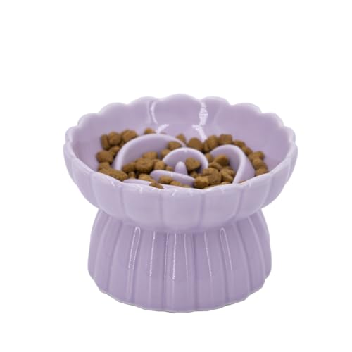 Ceramic Cat Slow Feeder, Raised Slow Feeder Cat Bowl, Anti Vomiting and Whisker Friendly Kitty Dish, Elevated Puppy Kitten Food Bowl for Dry and Wet Food (Purple) - color: Purple