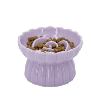 Ceramic Cat Slow Feeder, Raised Slow Feeder Cat Bowl, Anti Vomiting and Whisker Friendly Kitty Dish, Elevated Puppy Kitten Food Bowl for Dry and Wet Food (Purple) - color: Purple
