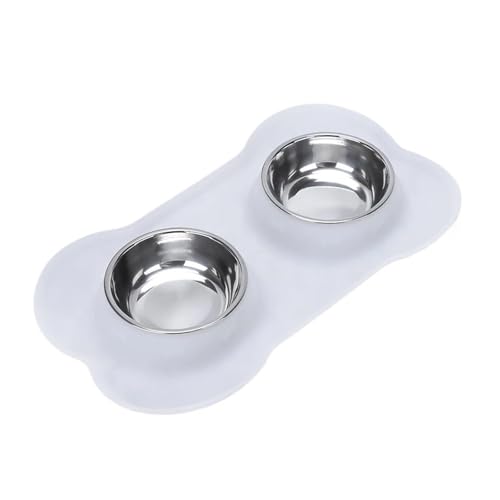 Antislip Double Dog Bowl with Silicone Mat Durable Stainless Steel Water Food Feeder Pet Feeding Drinking Bowls(White,L 48x28CM)