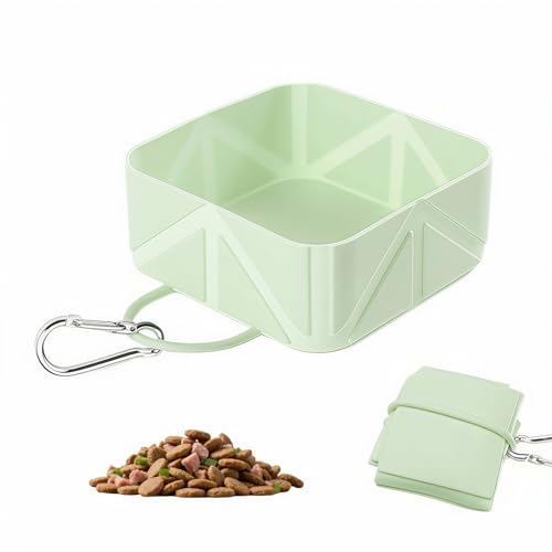 Cute Collapsible Silicone Dog Bowl with Carabiner - Portable Travel Pet Food & Water Dish for Walking, Hiking, Camping - Folds to Key Size, 350ml (Mint Green)