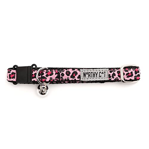 THE WORTHY DOG Patterned Leopard Cat Collar with Bell, Adjustable Nylon Safety Collar, Lite Pink, One Size - color: Pink-Leopard