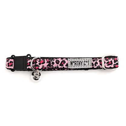 THE WORTHY DOG Patterned Leopard Cat Collar with Bell, Adjustable Nylon Safety Collar, Lite Pink, One Size - color: Pink-Leopard
