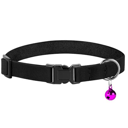Breakaway Cat Collar Leather with Removable Bell - 13 Colors Available - Soft Adjustable Girl Boy Safety Lightweight Pet Kitten Collars Pink Brown Blue Green Red Orange Black (Black) - color: Black