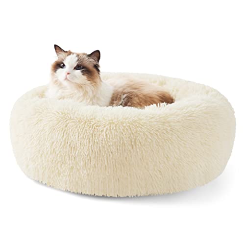 Bedsure Calming Cat Beds for Indoor Cats - Small Cat Bed Washable 20 inches, Anti-Slip Round Fluffy Plush Faux Fur Pet Bed, Fits up to 15 lbs Pets, Ivory Beige - color: Ivory Beige, size: 20"L x 20"W x 6"Th