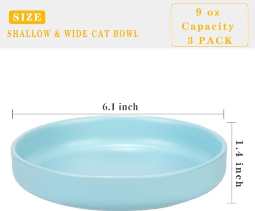 Ceramic Cat Bowls, Shallow Cat Dishes for Food and Water, 6 Inch Matte Finish Wide Cat Food Bowl, Whisker Fatigue Free Pet Puppy Kitten Bowl Set of 3, Dishwasher Safe - color: Blue-3pack