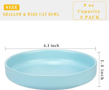 Ceramic Cat Bowls, Shallow Cat Dishes for Food and Water, 6 Inch Matte Finish Wide Cat Food Bowl, Whisker Fatigue Free Pet Puppy Kitten Bowl Set of 3, Dishwasher Safe - color: Blue-3pack