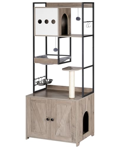 HOOBRO Cat Tree with Litter Box Enclosure, 58.7" H Cat Tower with Hidden Litter Box Furniture, with Scratching Post, Step, Hammock, Multifunctional Pet Furniture with Food Bowls, Greige BG30MZ03G1
