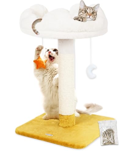 Happi N Pets 28" Tall Cat Scratching Post with Bed, Small Cat Tree for Indoor Cats, Thick Cat Scratch Post with Cloud-Shaped Soft Perch & Cute Toys, Stable Cat Stand, Removeable Cover, Bounus Catnip - size: 28" with Scratching Post