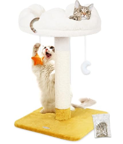Happi N Pets 28" Tall Cat Scratching Post with Bed, Small Cat Tree for Indoor Cats, Thick Cat Scratch Post with Cloud-Shaped Soft Perch & Cute Toys, Stable Cat Stand, Removeable Cover, Bounus Catnip - size: 28" with Scratching Post