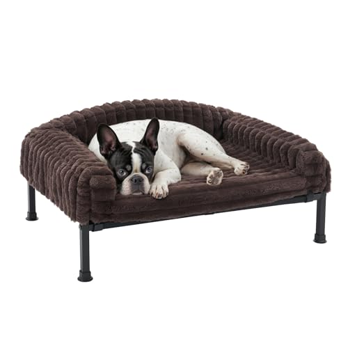 Veehoo Elevated Dog Bed with Bolster Cushion, Fluffy Plush Dog Couch Beds for Small Dogs, Cats, Washable Raised Pet Cot with Non-Slip Feet for Indoor or Patios Use, 24 x 18 Inches, Brown - color: Brown, size: 24.0"L x 18.0"W x 8.3"Th