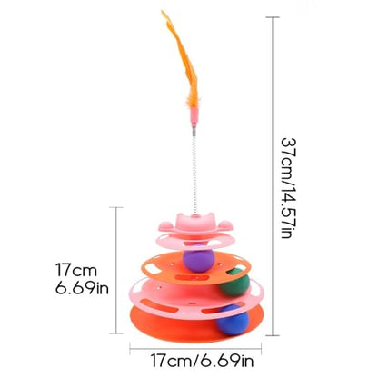 Cat Ball Track Toys, Creative Feather Toy, consisting of 3 Balls and a Feather Stick, Tower-Shaped cat Intelligence Toy, Suitable for Chasing Games with Kittens. (Blue) - color: Blue
