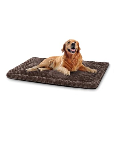 Washable Dog Bed Reversible Dog Beds for Crate Soft Fluffy Kennel Pad Anti-Slip Pet Sleeping Mat for Large Jumbo Medium Small Dogs (Brown, 42.00" x 28.00" x 1.50") - color: Brown, size: 42.00" x 28.00" x 1.50"